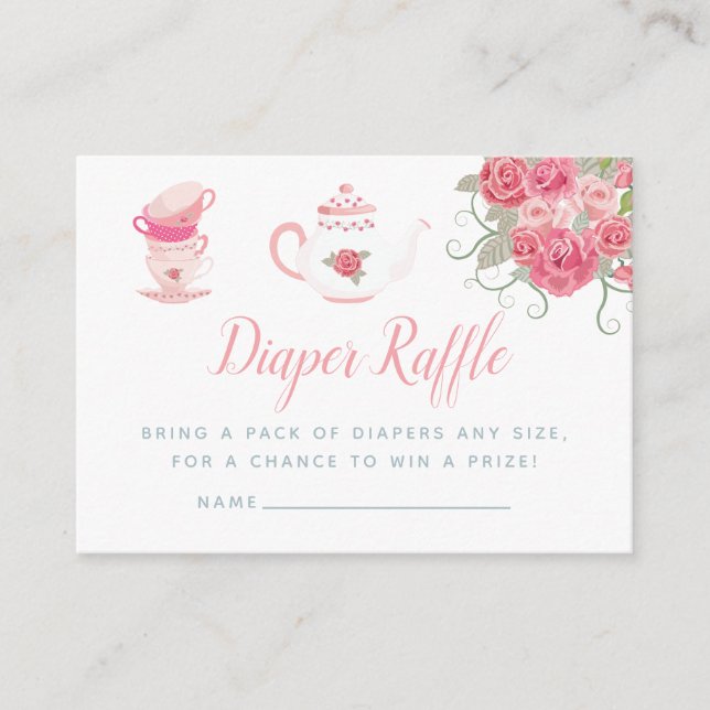 Pink Roses Tea Party Baby Shower Diaper Raffle Enclosure Card (Front)