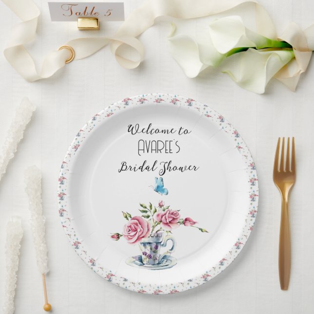 Pink Roses Tea Party Shower Paper Plate (Wedding)