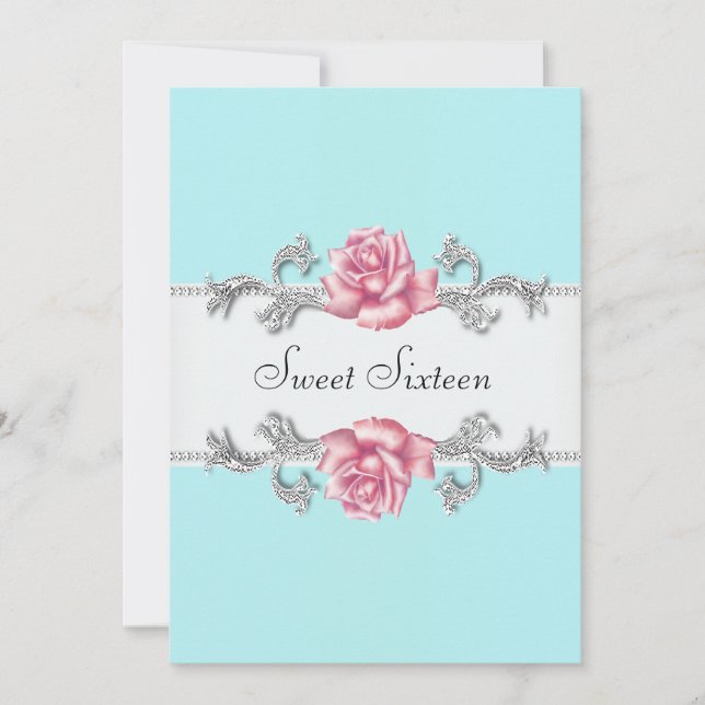 Pink Roses Teal Blue Sweet Sixteen Birthday Party Invitation (Front)