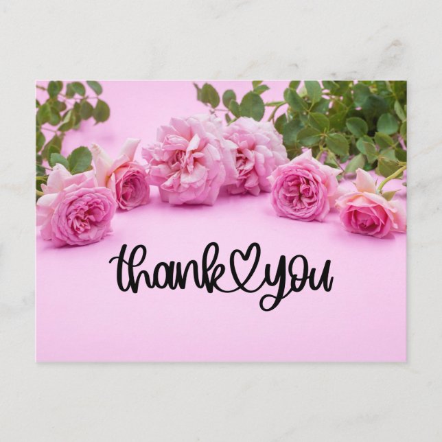 Pink roses Thank you card on pink background (Front)