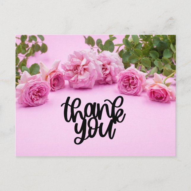 Pink roses Thank you card on pink background (Front)