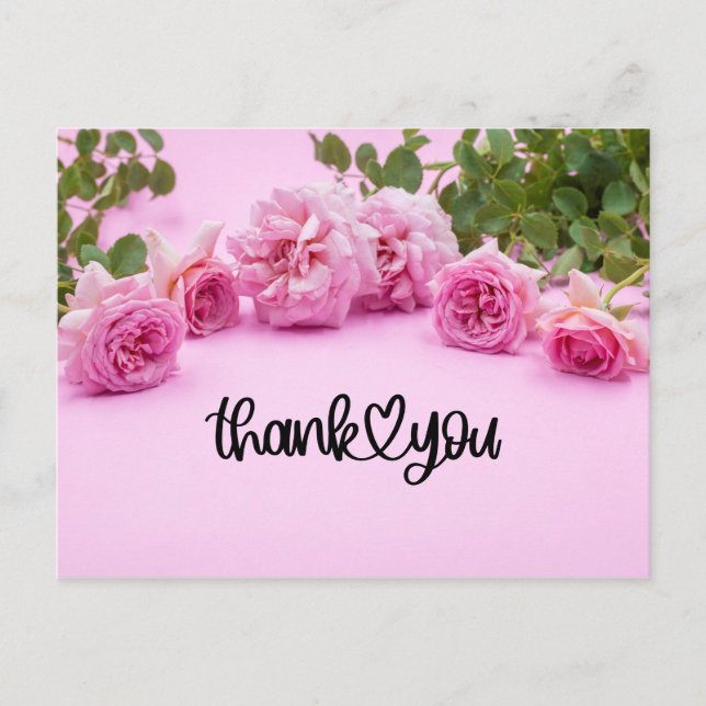 Pink roses Thank you card on pink background (Front)