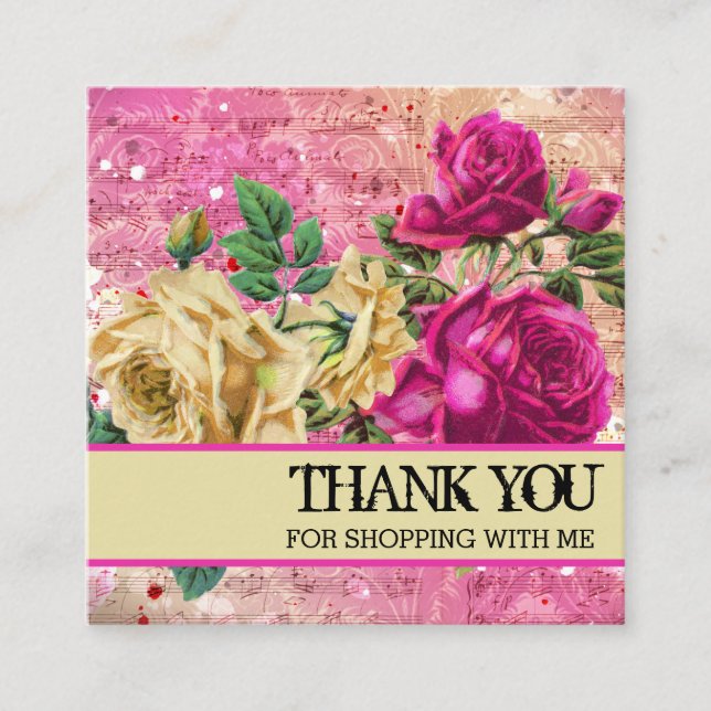Pink Roses Thank You Logo Square Business Card (Front)