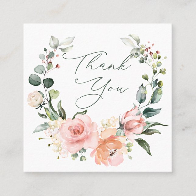 Pink Roses Thank You Square Business Card (Front)