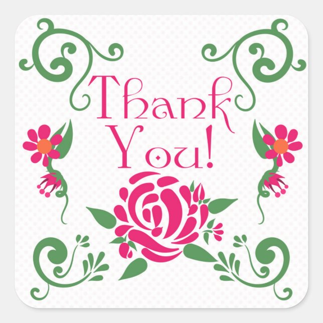 Pink Roses Thank You Square Stickers, Glossy Square Sticker (Front)