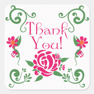 Pink Roses Thank You Square Stickers, Glossy Sticker