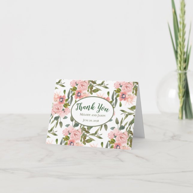 Pink Roses Themed Wedding Thank You Notes (Front)