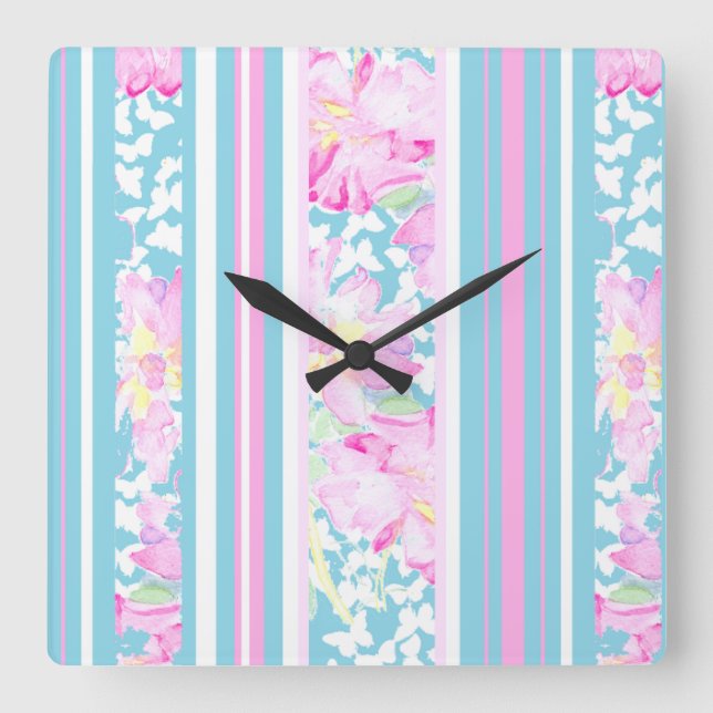 Pink Roses, Turquoise Stripes: Square Wall Clock (Front)