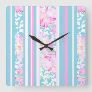 Pink Roses, Turquoise Stripes: Square Wall Clock