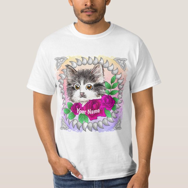 Pink Roses Tuxedo Cat  T-Shirt (Front)