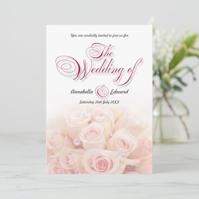 Pink Roses Two Sided Wedding Invitation (Standing Front)