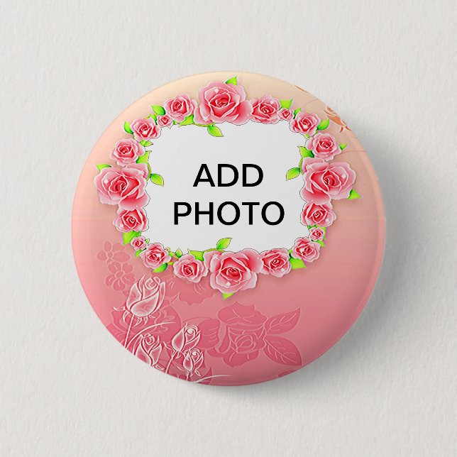 Pink Roses Valentine Add Your Photo 6 Cm Round Badge (Front)