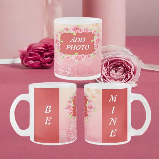Pink Roses Valentine Add Your Photo Frosted Glass Coffee Mug (Creator Uploaded)