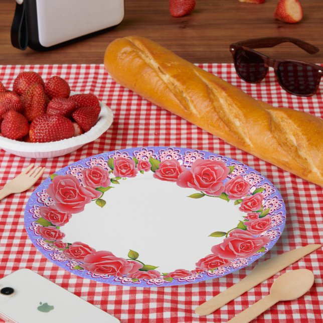 Pink Roses Valentine Add Your Photo Paper Plates (Picnic)