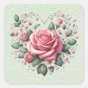 Pink Roses Valentine Heart Square Sticker