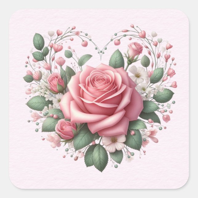Pink Roses Valentine Heart Square Sticker (Front)