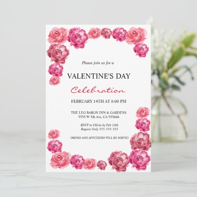 Pink roses Valentine's Day Party Invitation (Standing Front)