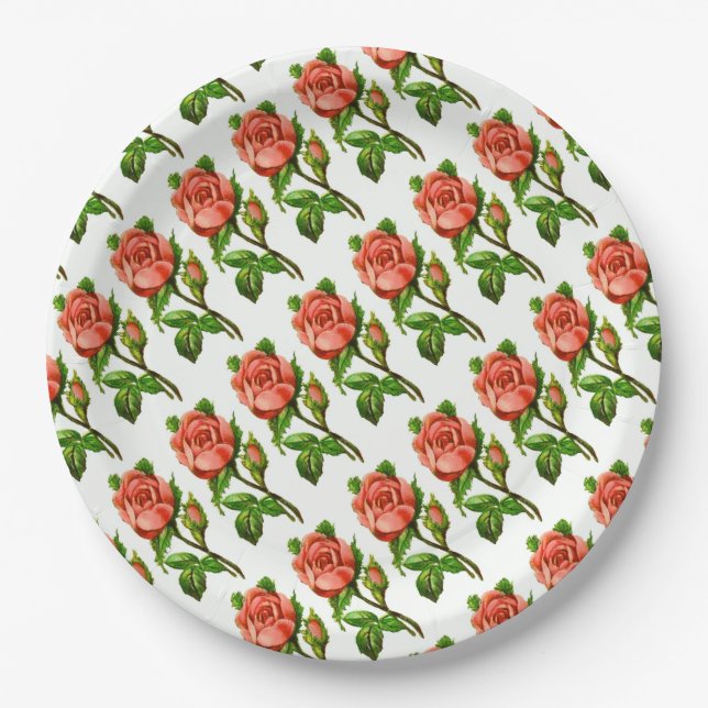 Pink Roses Victorian Theme Tea Party Paper Plates (Front)