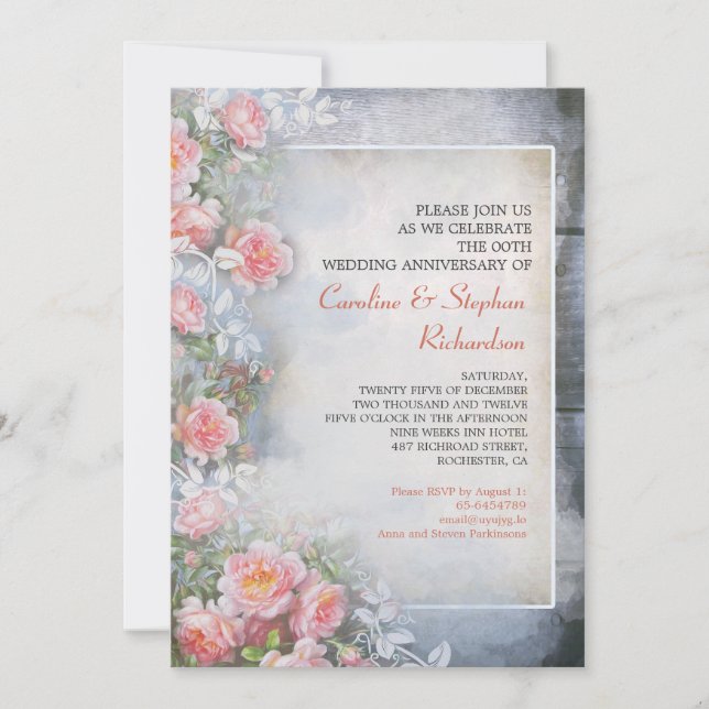 pink roses vintage anniversary invitations (Front)
