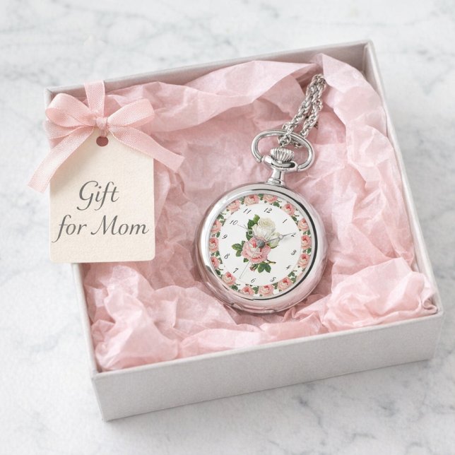 Pink Roses Vintage Botanical eWatch Watch (Silver floral locket watch in pink tissue gift box with tag, elegant birthday or Mother's Day gift.)