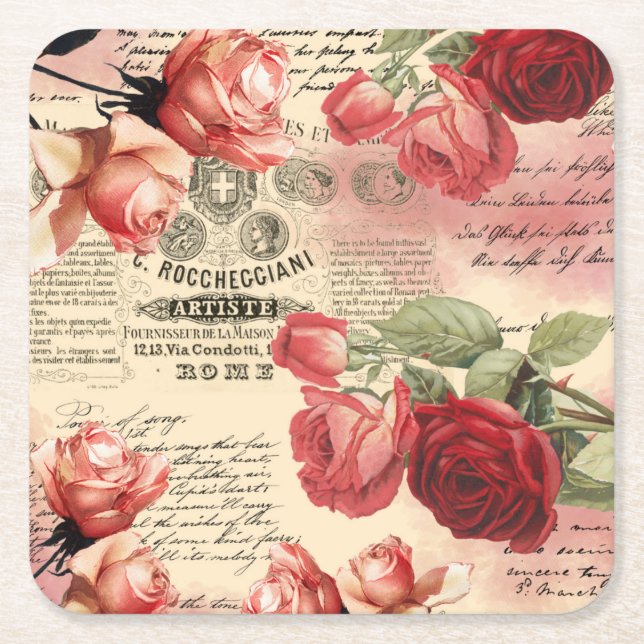 Pink Roses Vintage Ephemera Coaster (Front)