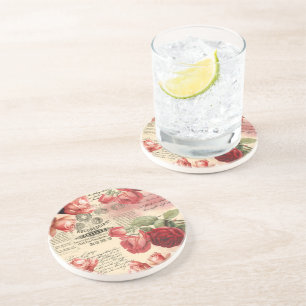 Pink Roses Vintage Ephemera Coaster