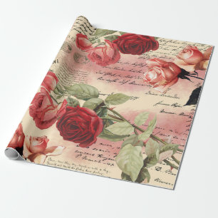 Pink Roses Vintage Ephemera Wrapping Paper