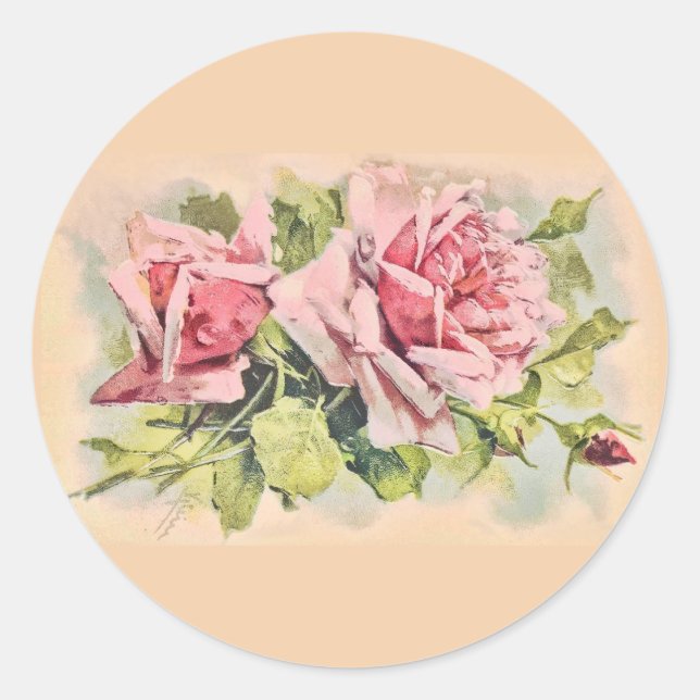 Pink Roses Vintage Floral Classic Round Sticker (Front)