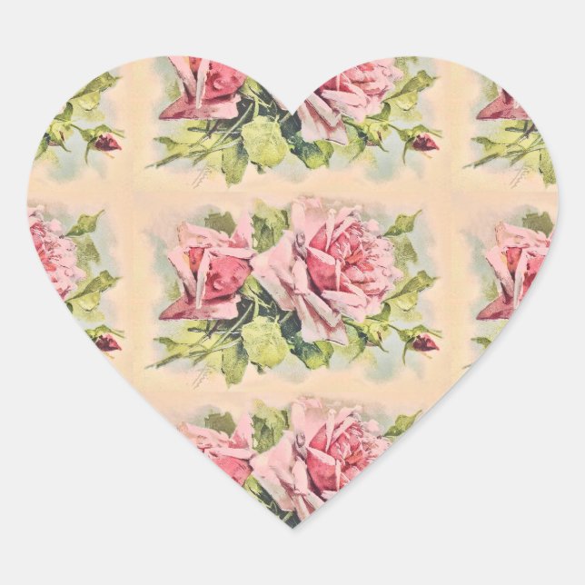 Pink Roses Vintage Floral Heart Sticker (Front)