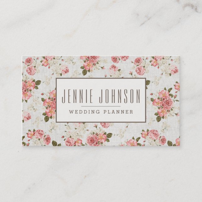 Pink Roses Vintage Floral Pattern Business Card (Front)