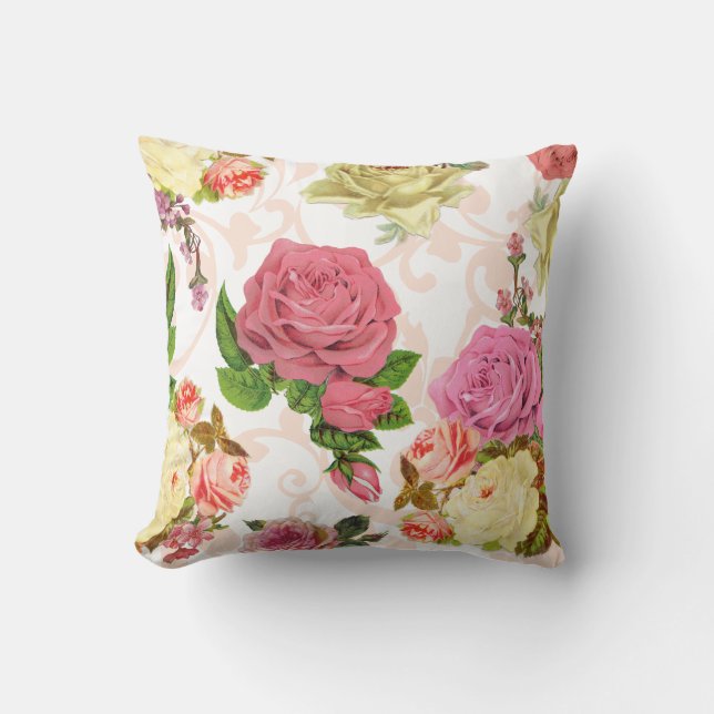 Pink roses vintage floral pattern cushion (Front)