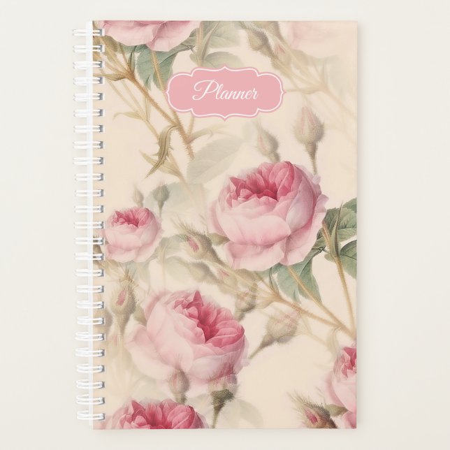 Pink Roses Vintage Floral Pattern Planner (Front)