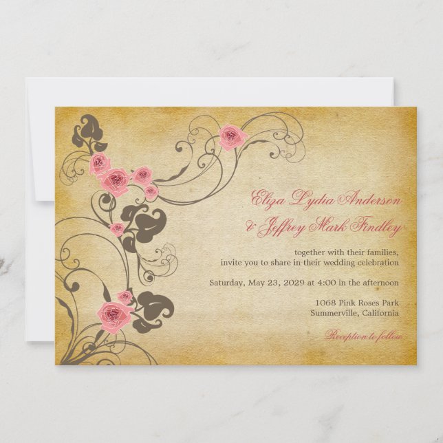 Pink Roses Vintage Floral Rustic Wedding Invite (Front)