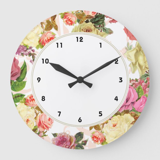 Pink roses vintage roses floral clock (Front)