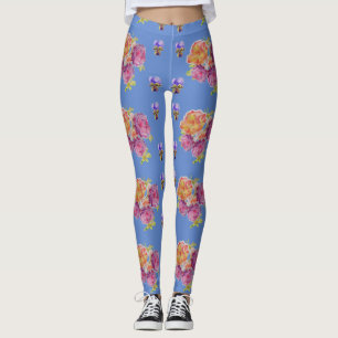 Pink Roses Violet Shabby watercolor Blue Leggings