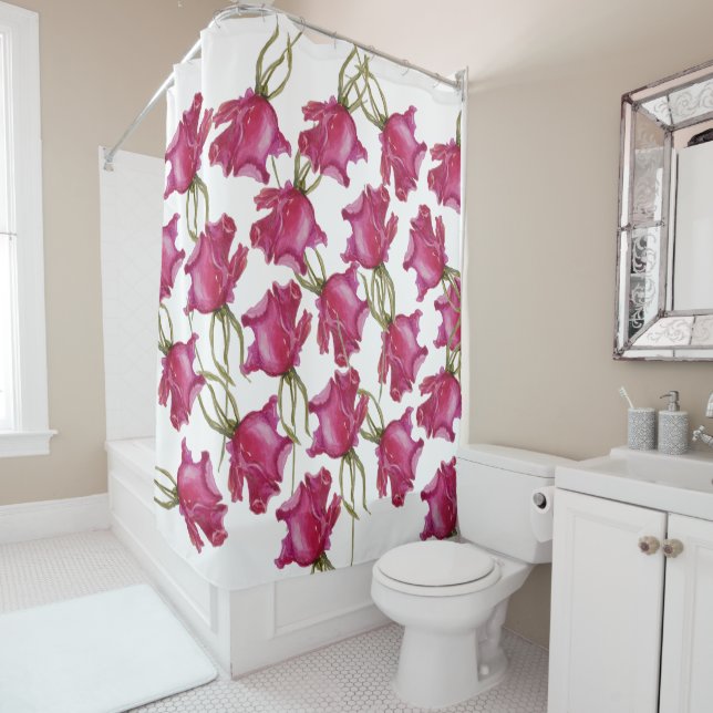 Pink Roses Watercolor Art Hand-painted Shower Curtain (In Situ)