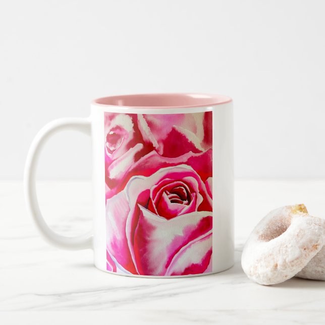 Pink roses watercolor art Two-Tone coffee mug (With Donut)