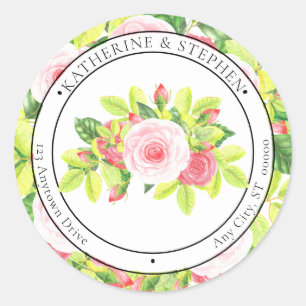 Pink Roses Watercolor Boho Floral Return Address Classic Round Sticker