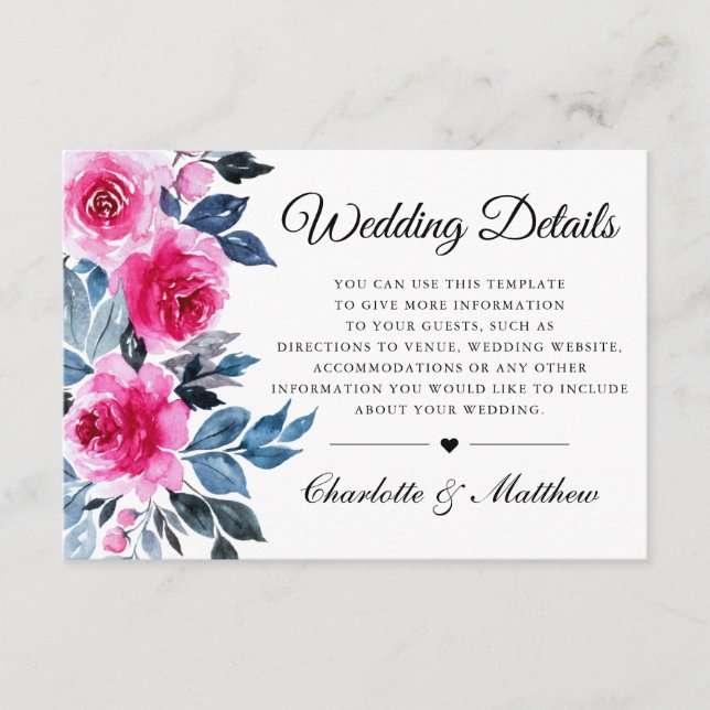 Pink Roses Watercolor Botanical Wedding Details Enclosure Card (Front)