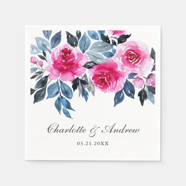 Pink Roses Watercolor Botanical Wedding Napkin (Front)