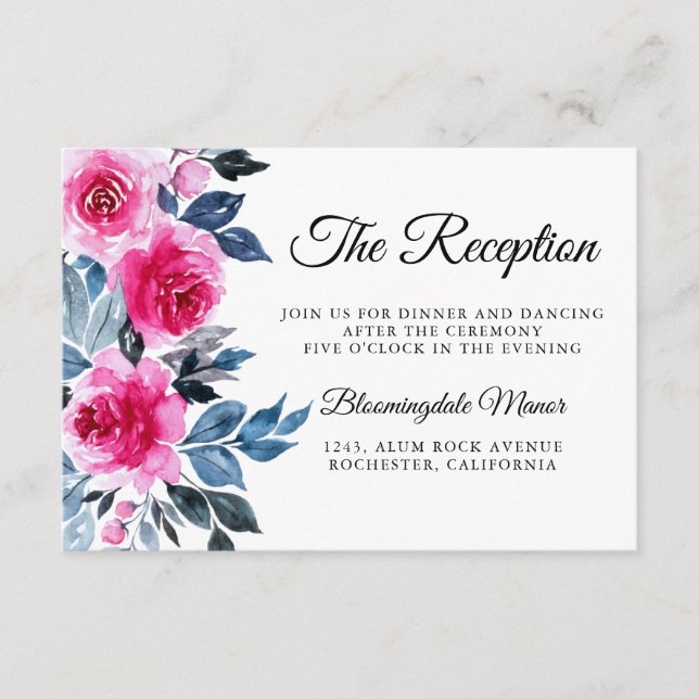 Pink Roses Watercolor Botanical Wedding Reception Enclosure Card (Front)