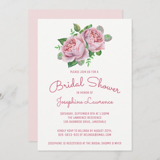 Pink Roses Watercolor Bridal Shower Invitations (Front/Back)