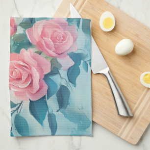 Pink Roses Watercolor Elegant  Tea Towel