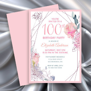 Pink Roses Watercolor Floral 100th Birthday Party Invitation