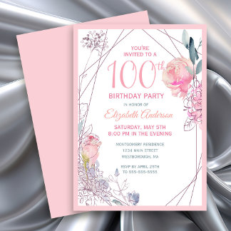 Pink Roses Watercolor Floral 100th Birthday Party Invitation
