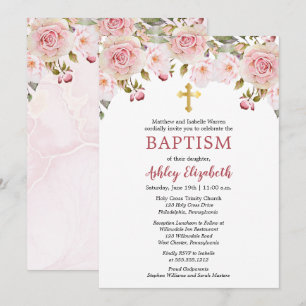 Pink Roses Watercolor Floral Baptism Invitation