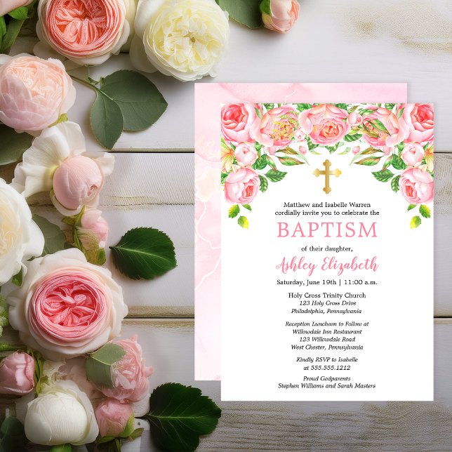 Pink Roses Watercolor Floral Baptism Invitation (Elegant Pink Roses Gold Tone Trinity Cross Watercolor Girl Baptism Invitation - Print | Digital )