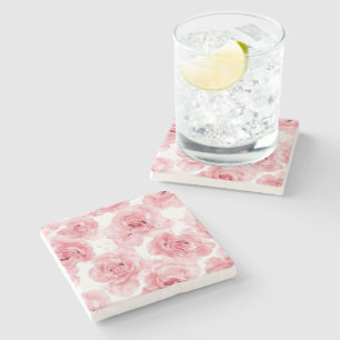 Pink Roses Watercolor Floral Blush Botanical Stone Coaster