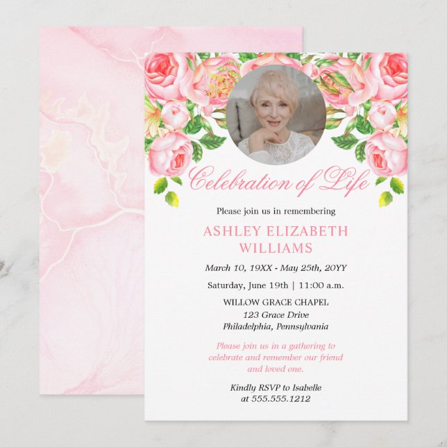 Pink Roses Watercolor Floral Celebration of Life I Invitation (Front/Back)