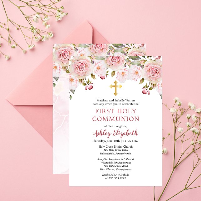 Pink Roses Watercolor Floral First Holy Communion Invitation (Beautiful Pink Roses Watercolor Floral First Holy Communion Invitation - Print and/or Digital)